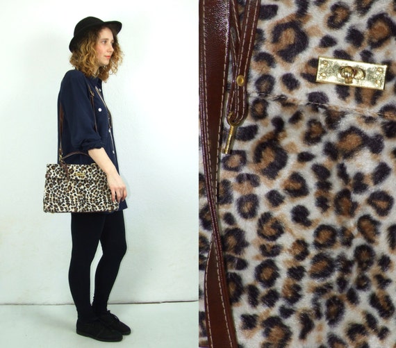 90's vintage vrouwen bruine luipaard patroon harige zak Tassen & portemonnees Luiertassen 