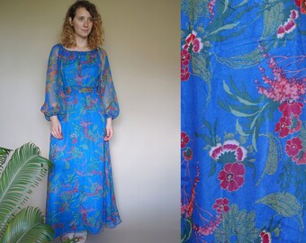Vestido largo bohemio de gasa con estampado floral azul de estilo romántico de los años 70 para mujer