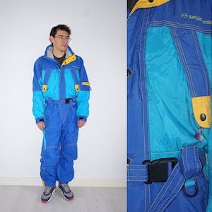 90&#39;s vintage blue /yellow one piece winter ski suit/ ski costume/ snowboard overall
