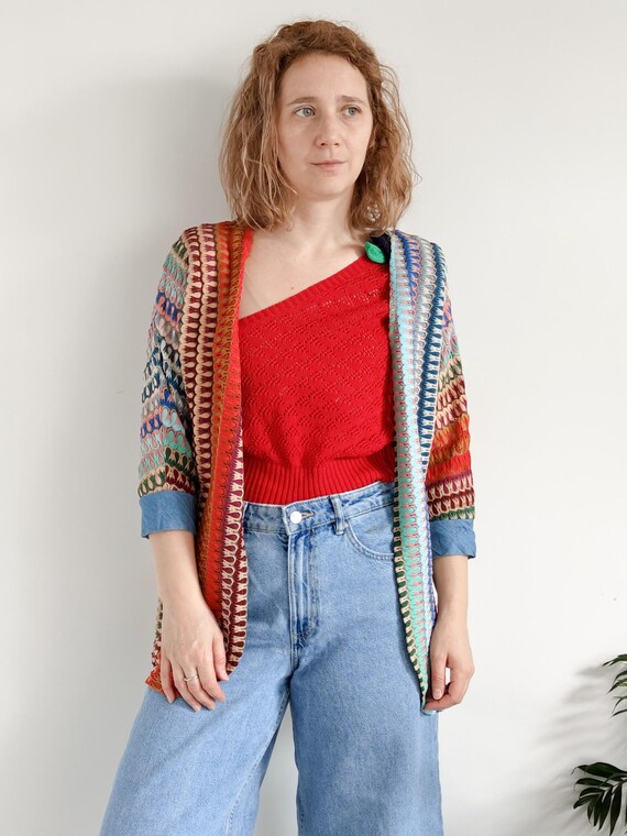 90's Machine Knitted Multi Color Cardigan - Etsy