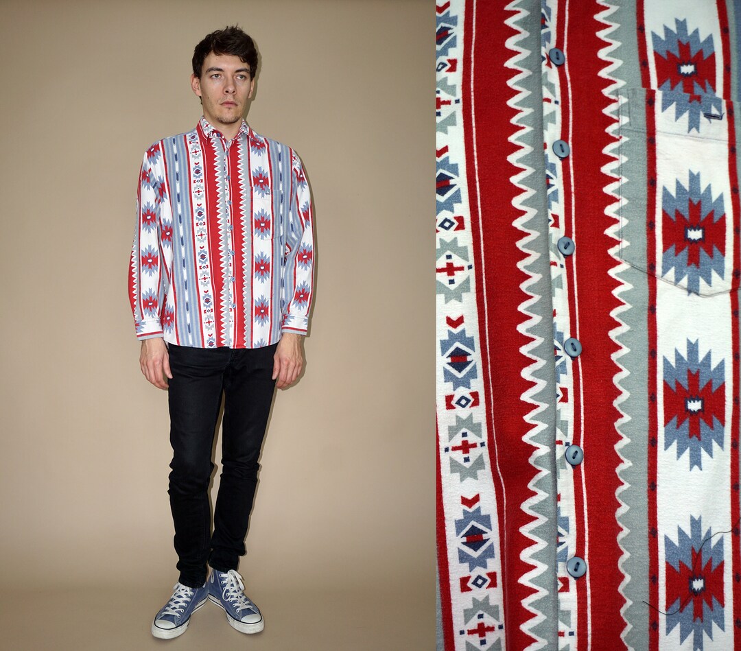 80's Vintage Men's Blue-red Aztec Patterned Winter Flannel Shirt - Etsy
