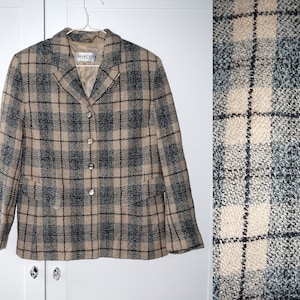 Giacca blazer in lana scozzese beige e grigia anni '90