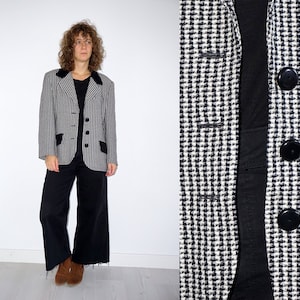90er Jahre Vintage Damen schwarz-weiß gemusterte Woll-Blazerjacke