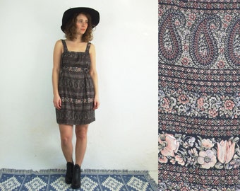 70's vintage women's brown hippie paisley patterned mini dress