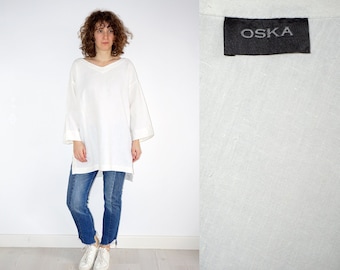 90er Vintage Damen Oska Leinen weiße Tunika Bluse