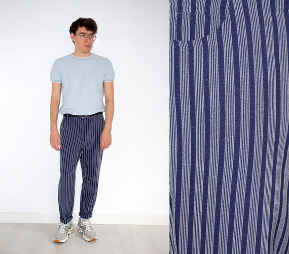 90's Vintage Unisex Blue Striped Trousers - Etsy