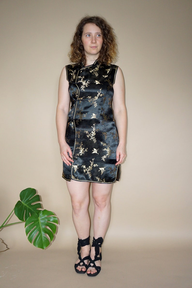 Vintage women/'s black gold Chinese kimono mini floral silk dress