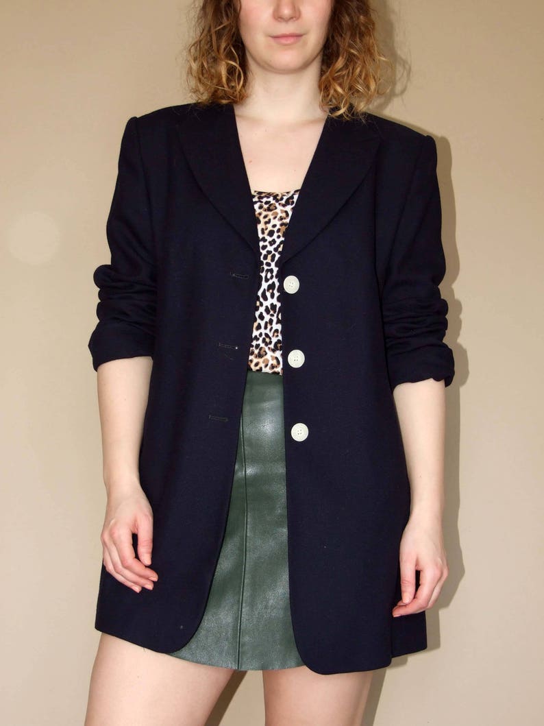 80/'s vintage women/'s dark blue minimal chic Elegance Paris blazer