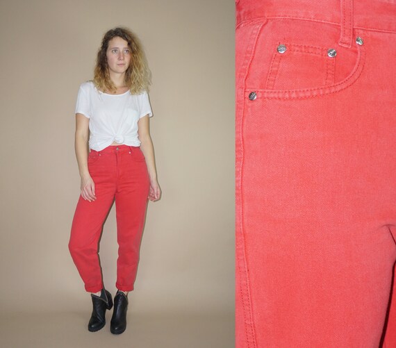 red high waisted mom jeans