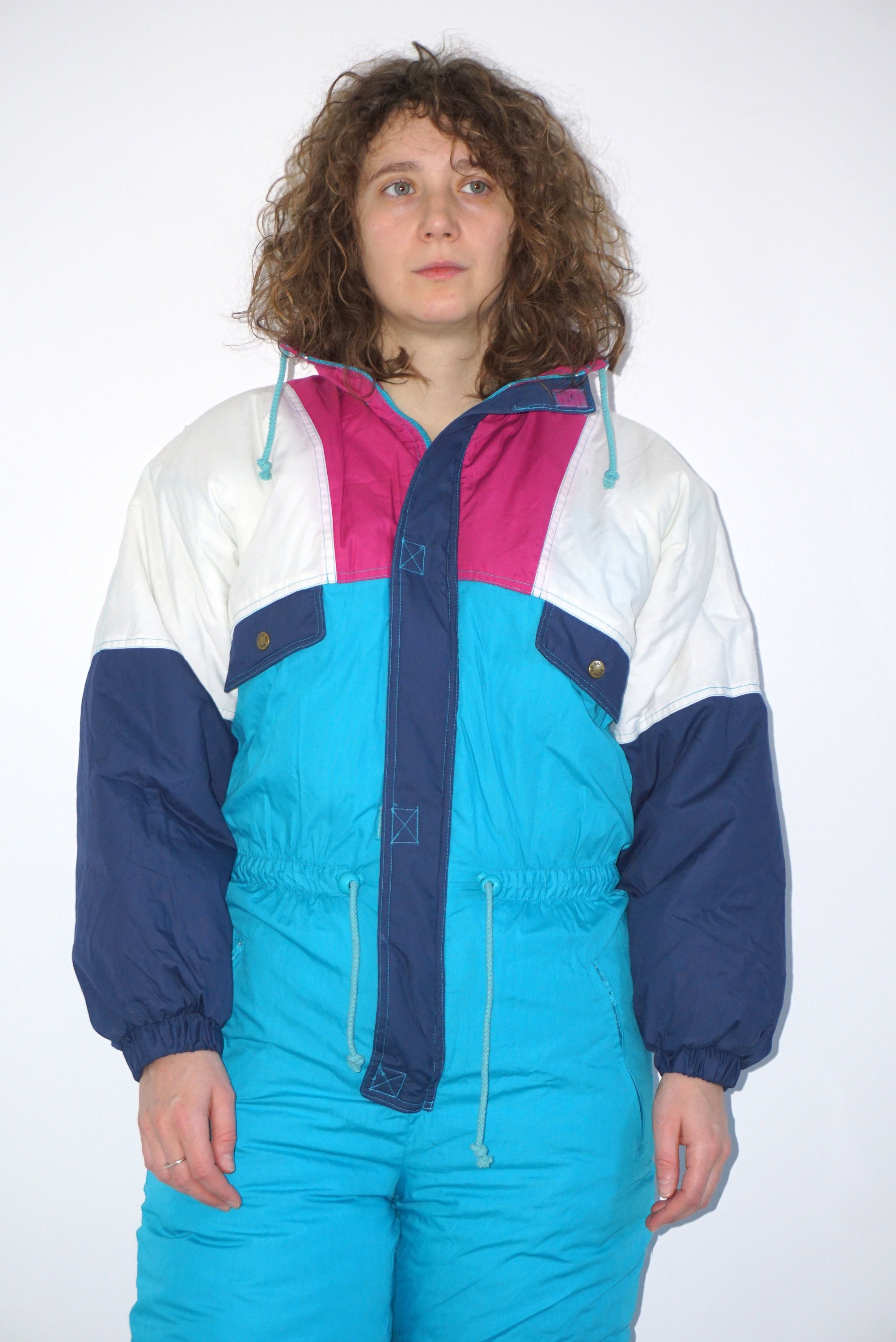 Combinaison De Ski Vintage Années 90 - Couleur Bloc Bleu, Taille M Femme