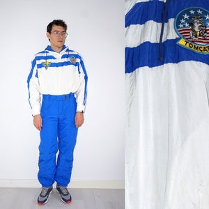 90&#39;s vintage blue /white one piece winter ski suit/ ski costume/ snowboard overall