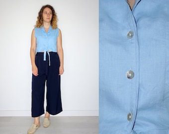 Top vintage de lino azul de los años 90 con bolsillos