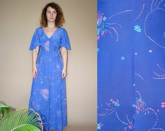 60's vintage women's maxi blue flower patterned romantic dress