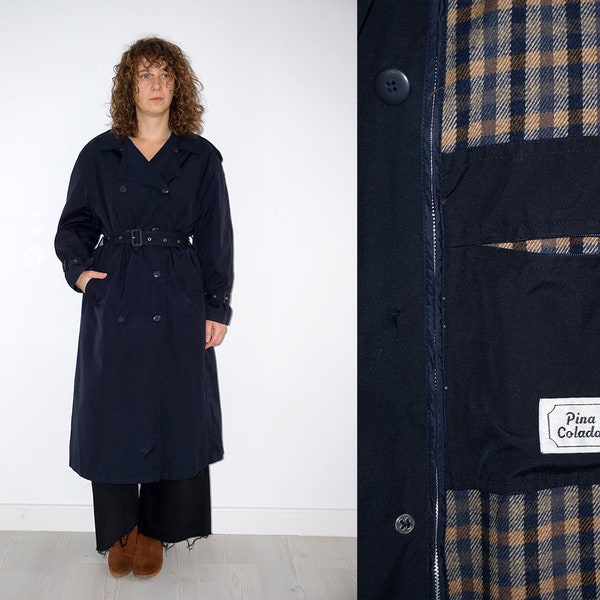 Manteau trench à double poitrine bordé bleu marine pour femmes des années 90