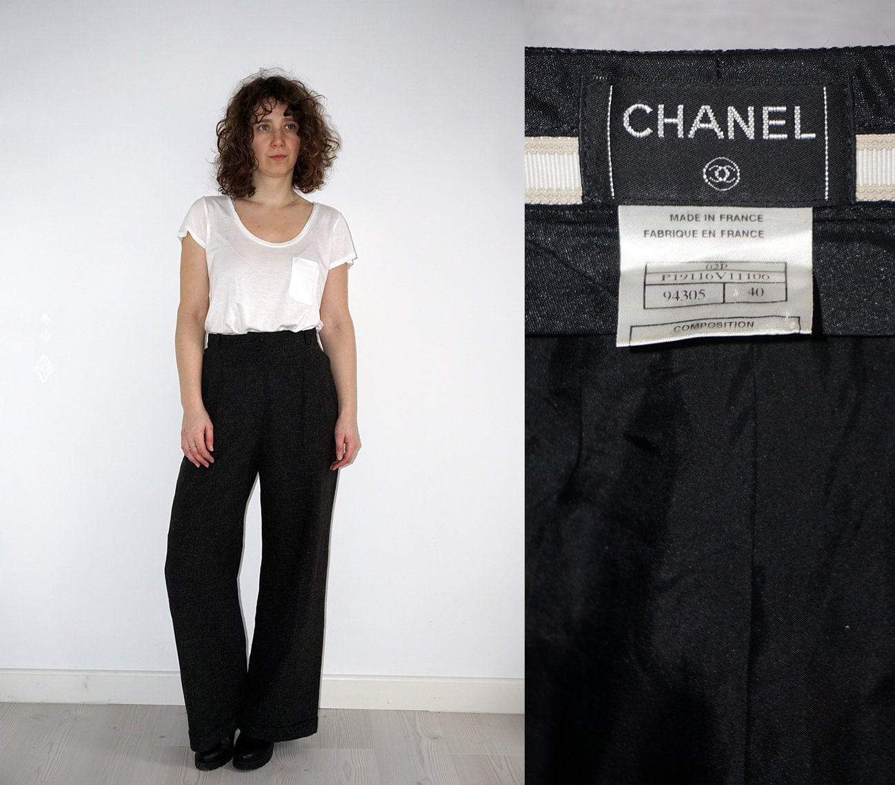 Vintage Women s Chanel Tweed Wide Leg Dark Gray Trousers Etsy