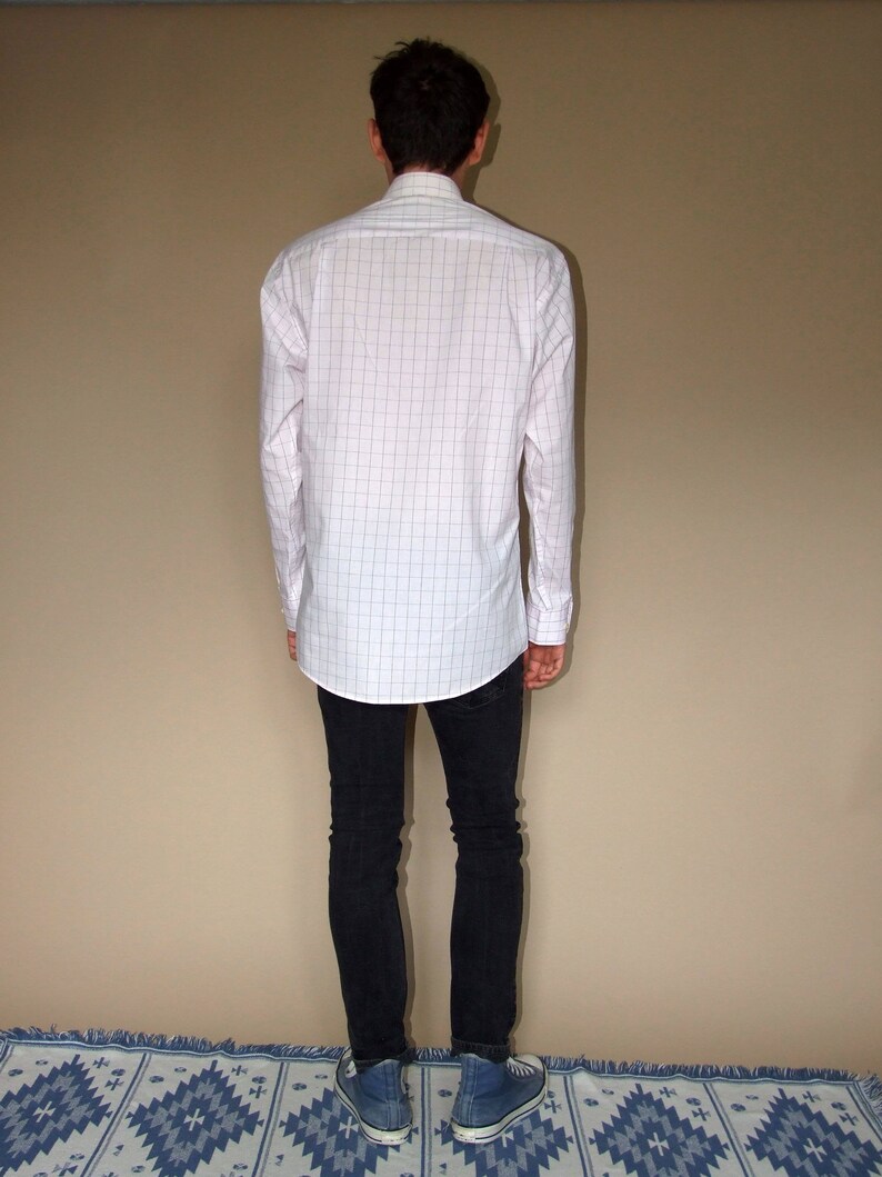 80/'s vintage men/'s light pink checkedgrid patterned long sleeve shirt