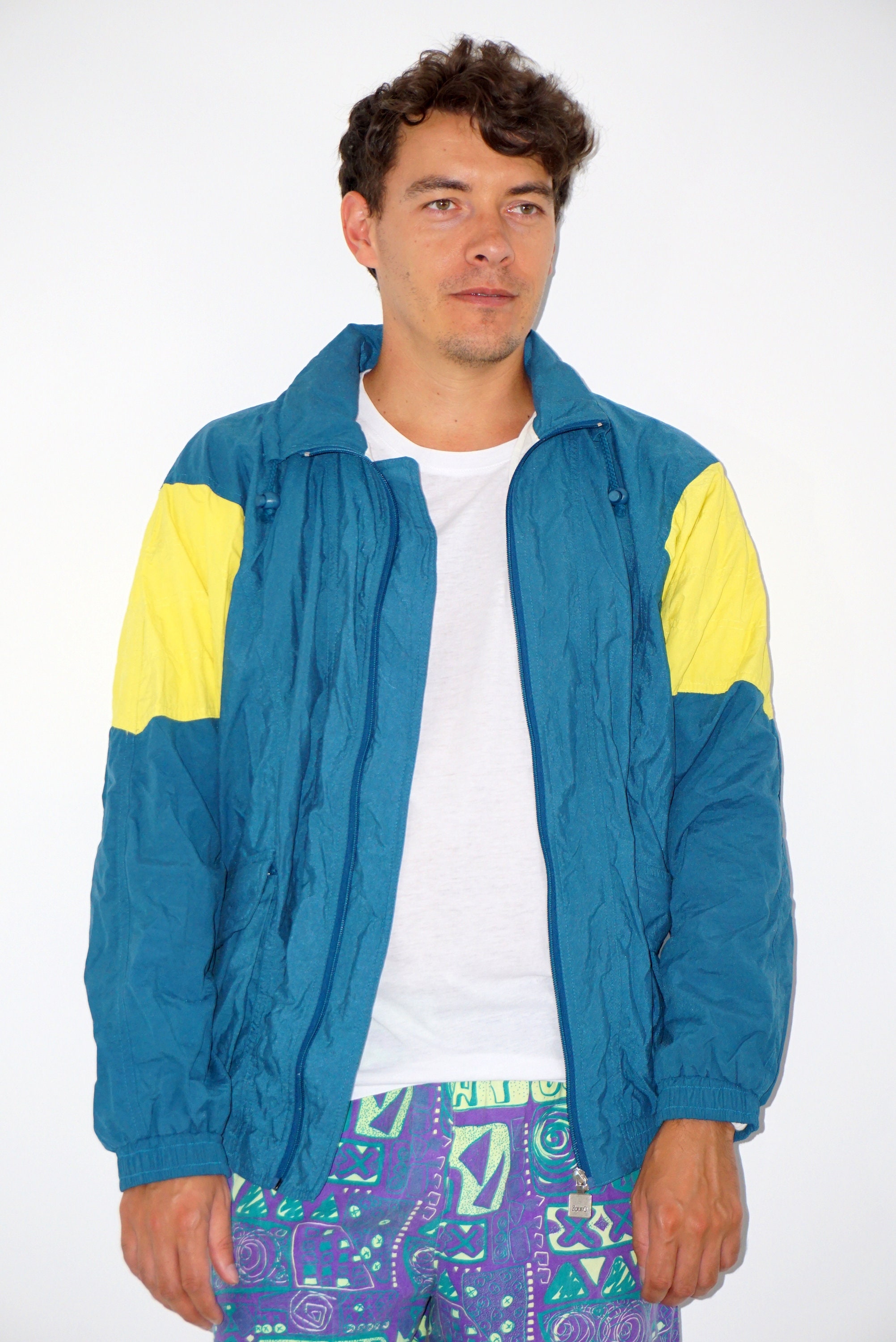 90s‼️ ジップアップジャケット 青/黄 90年代の青と黄色のジップアップウィンドブレーカージャケット - Etsy 日本