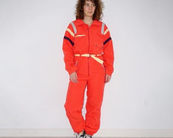 90er Jahre Vintage rot gestreifter Damen Skianzug/ Winteroverall/ Snowboard Kostüm