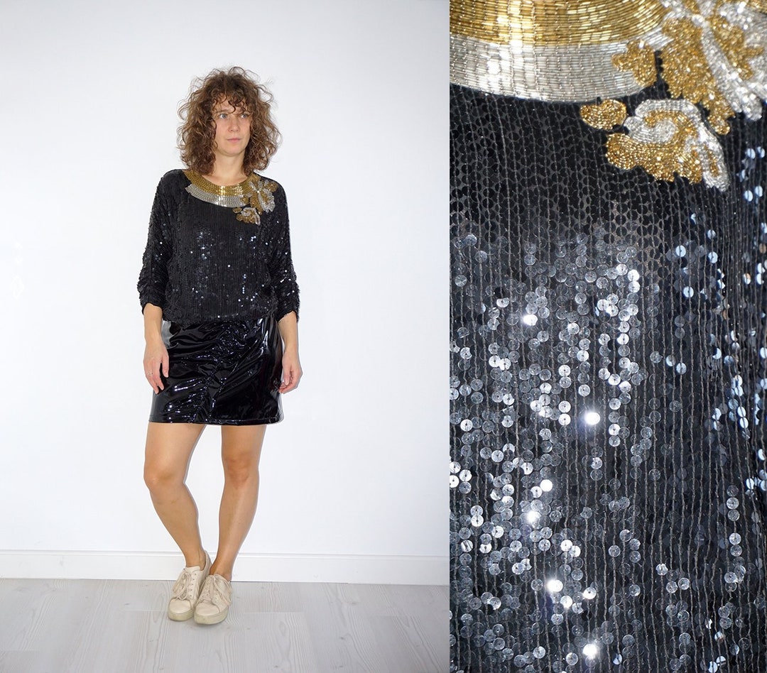 Vintage 80s Sequin Blouse Black Gold 8 10