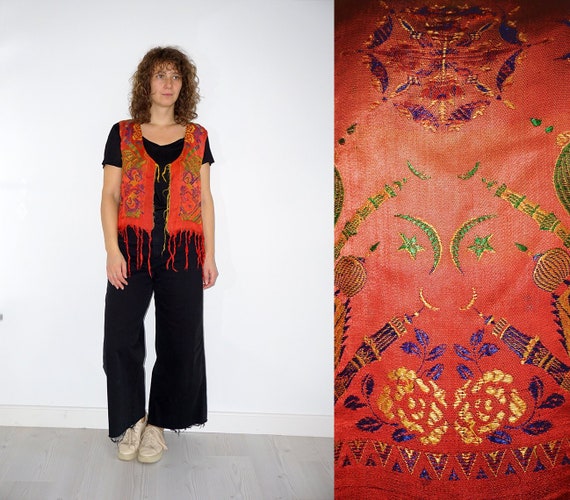 90's red abstract patterned fringed hippi west - image 1