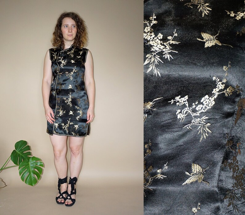 Vintage women/'s black gold Chinese kimono mini floral silk dress