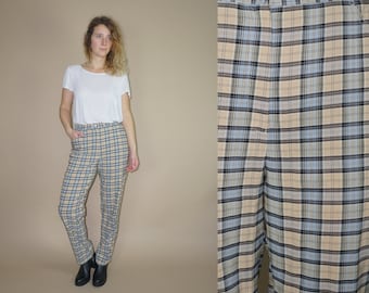 70's vintage women's beige-blue checked high waist straight pants