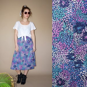 70&#39;s vintage women&#39;s blue flower printed midi high waist skirt