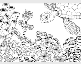 Página para colorear de tortugas marinas: Arte oceánico dibujado a mano (JPG imprimible)