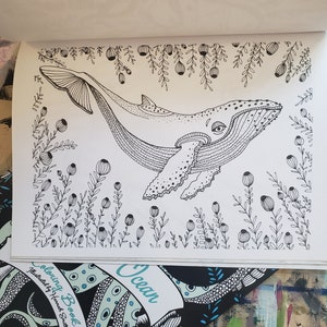 A black and white coloring page of an illustrative whale surrounded by sea vegetation