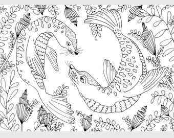 Página para colorear de leones marinos (impresión ilimitada): Arte de animales marinos dibujados a mano (descarga JPG, 8,5 x 11 pulgadas)