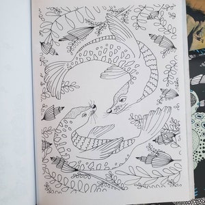 a black and white coloring page illustration of two sea lions swimming in a circle together and looking at each other as they are surrounded by sea vegetation
