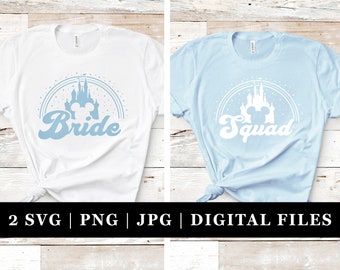 May include: Two white t-shirts with a blue castle and Mickey Mouse silhouette design. The left shirt says "Bride" and the right shirt says "Squad".