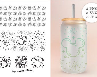May include: A clear glass tumbler with a bamboo lid and a straw. The tumbler has a design of Mickey Mouse ears, fireworks, and stars in green and white. The text "my happy place" is printed on the bottom of the tumbler.