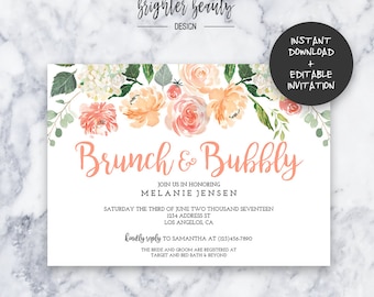 Brunch & Bubbly Bridal Shower Invitation | INSTANT DOWNLOAD | Editable PDF| Do It Yourself | Printable