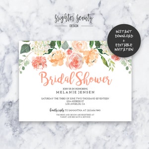 Peach Bridal Shower Invitation INSTANT DOWNLOAD Editable PDF Do It Yourself Printable image 1