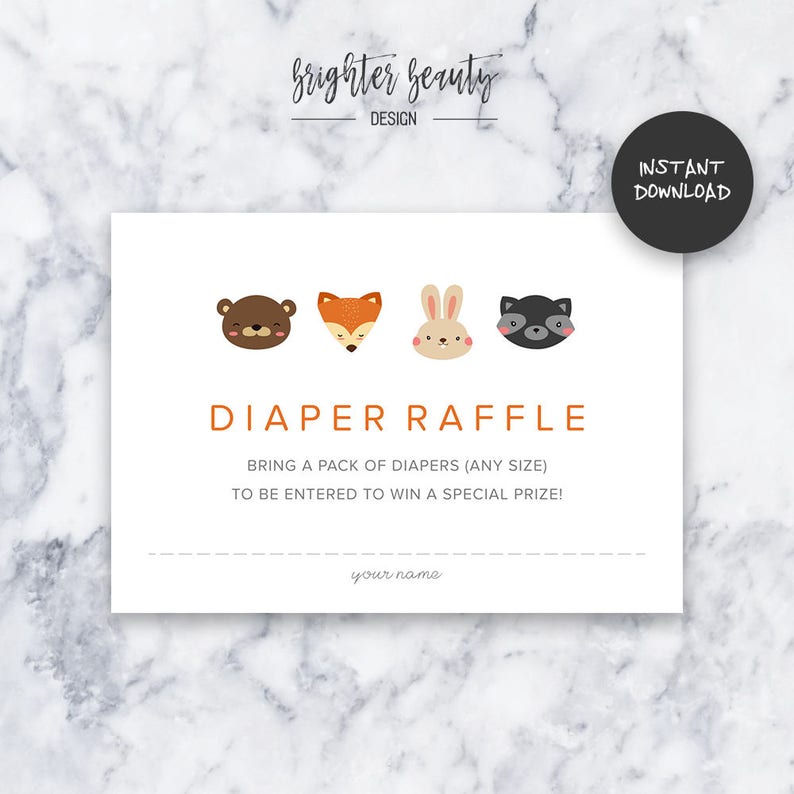 INSTANT DOWNLOAD Orange Woodland Animal Diaper Raffle Baby Shower Insert Do It Yourself Printable