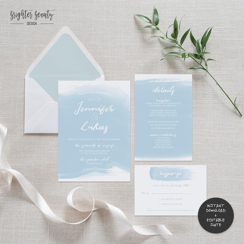 Editable PDF| Do It Yourself Blue Watercolor Wedding Invitation Suite INSTANT DOWNLOAD Printable