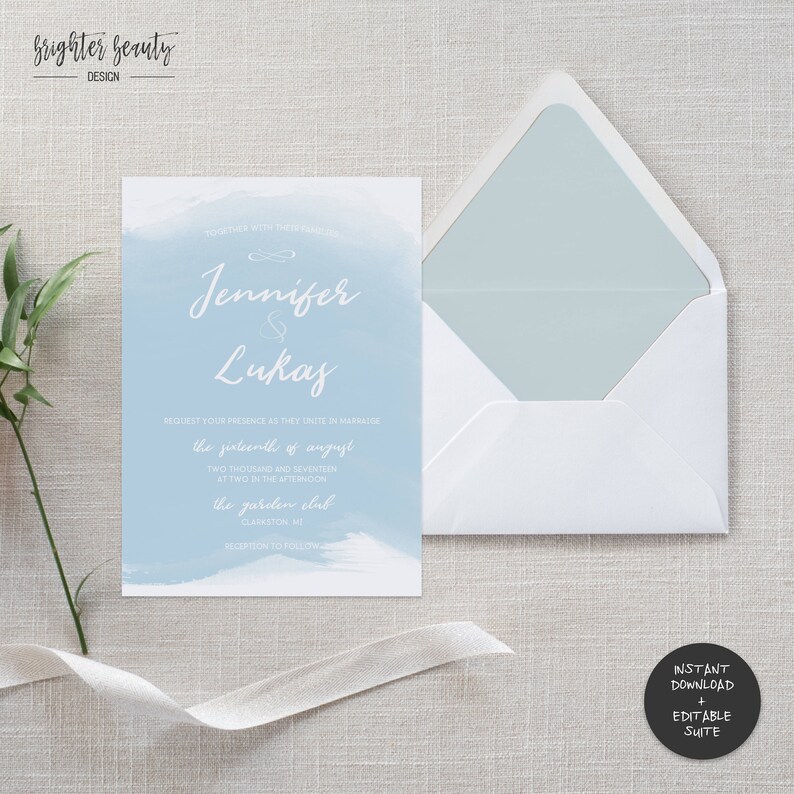 Editable PDF| Do It Yourself Blue Watercolor Wedding Invitation Suite INSTANT DOWNLOAD Printable