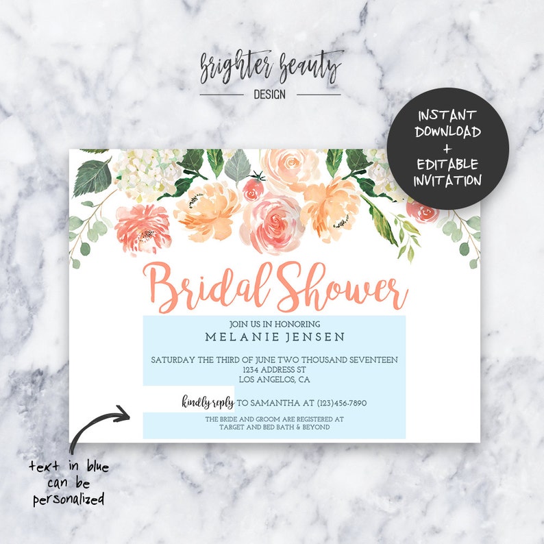 Peach Bridal Shower Invitation INSTANT DOWNLOAD Editable PDF Do It Yourself Printable image 2