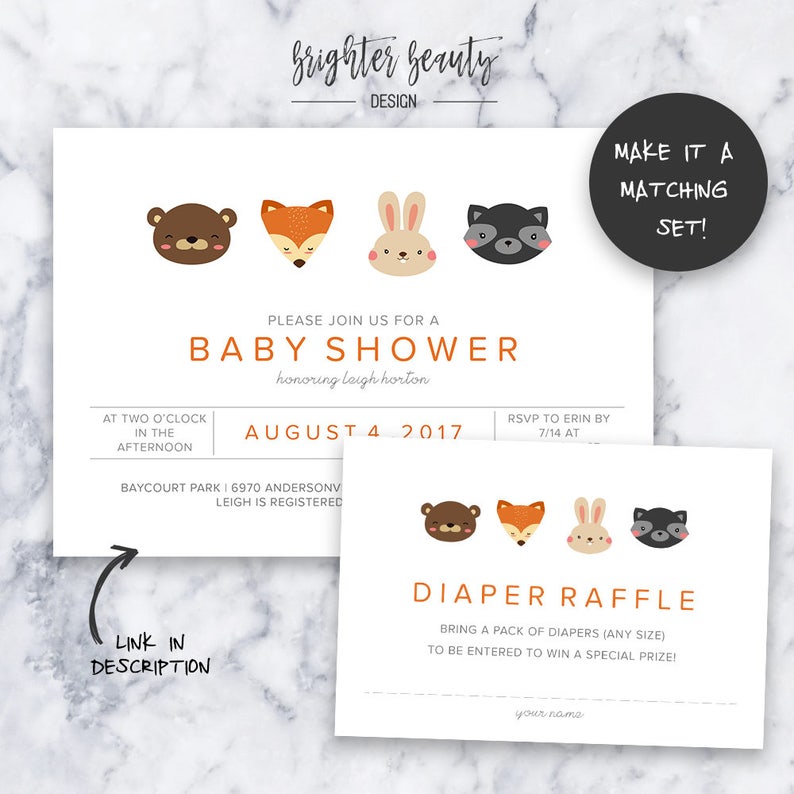 INSTANT DOWNLOAD Orange Woodland Animal Diaper Raffle Baby Shower Insert Do It Yourself Printable