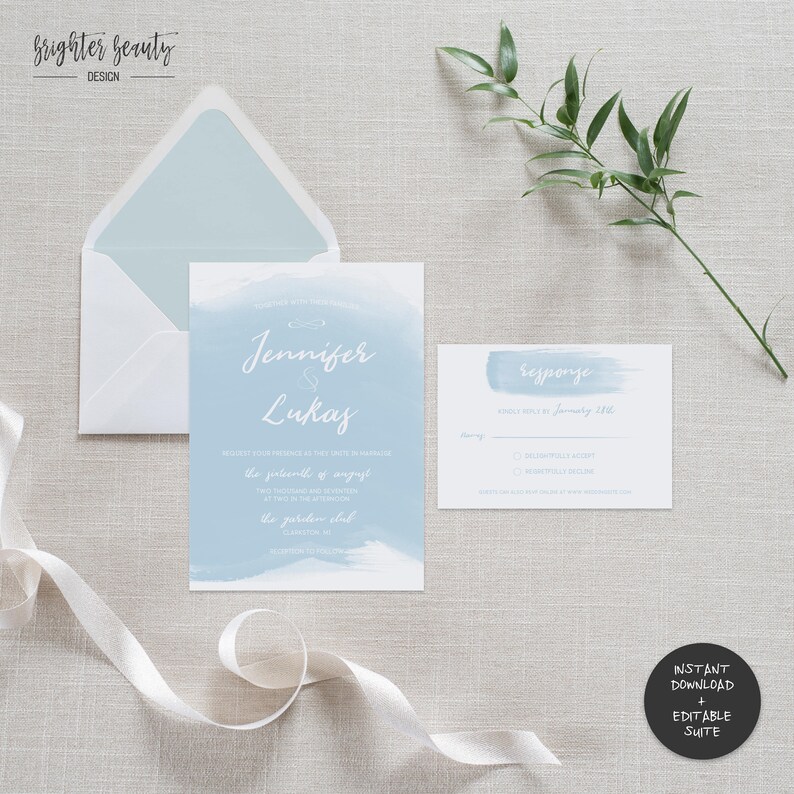 Editable PDF| Do It Yourself Blue Watercolor Wedding Invitation Suite INSTANT DOWNLOAD Printable