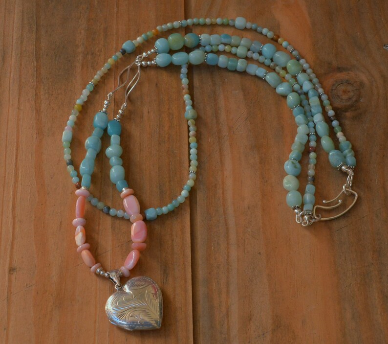 Double strand Necklace with Amazonite with Pink Peruvian Opal /& Sterling Silver Featuring SS Heart Locket !!!