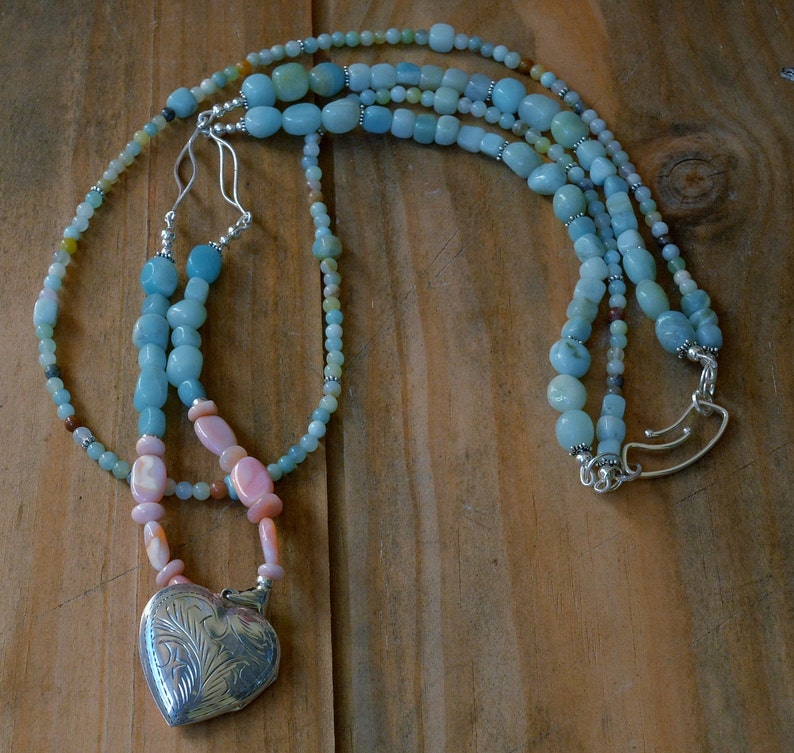 Double strand Necklace with Amazonite with Pink Peruvian Opal /& Sterling Silver Featuring SS Heart Locket !!!