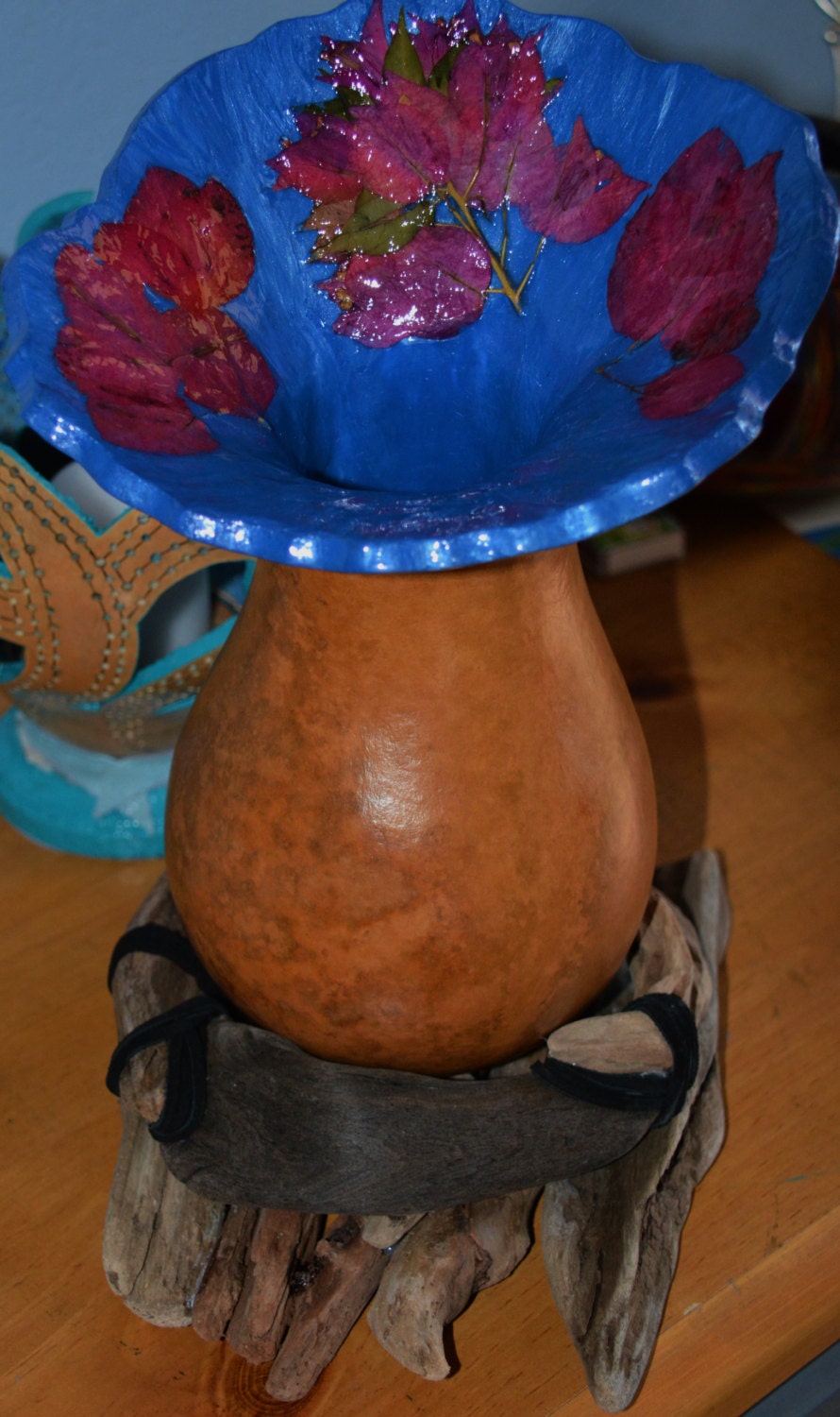 Gourd Vase with Natural Pressed Flowers on Drift Wood Base Etsy