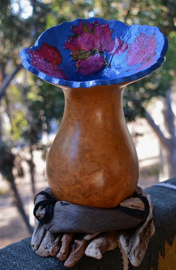 Gourd Vase with Natural Pressed Flowers on Drift Wood Base Etsy