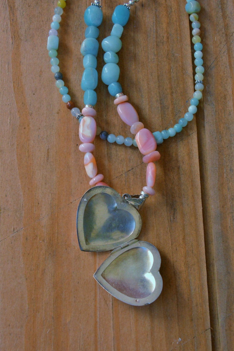 Double strand Necklace with Amazonite with Pink Peruvian Opal /& Sterling Silver  Featuring SS Heart Locket !!!