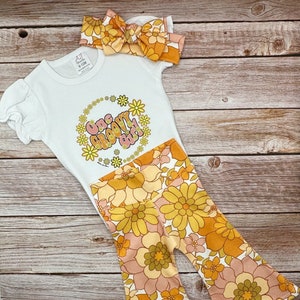 One Groovy Girl Bell Bottom Pants Outfit, Fall Birthday outfit, One Groovy Toddler Bellbottoms, Fall First Birthday, Hippie Toddler Birthday