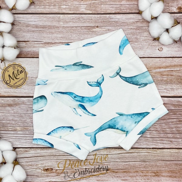 Blue Whales High Waisted Bummies, Organic Baby Bloomer, Toddler Shorts, Baby Shorts, Diaper Cover, Organic Baby Bummies, Ocean Baby Clothes