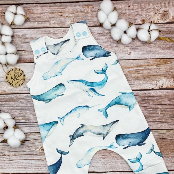 Blue Whales Organic Baby Romper: Handmade Harem Style