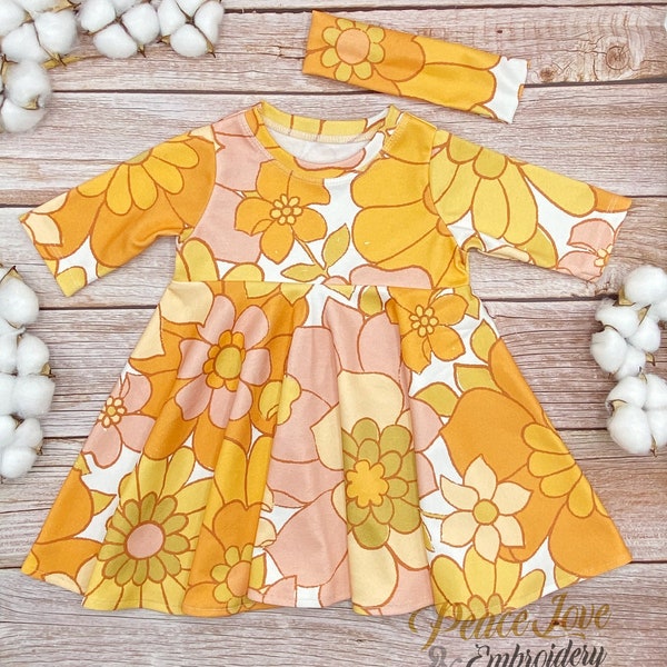 Groovy Flowery Dress, Organic Adeline Twirl Dress, Flowery Baby Dress, Groovy Toddler Dress, 360 Degree Skirt, Unique Baby Clothes